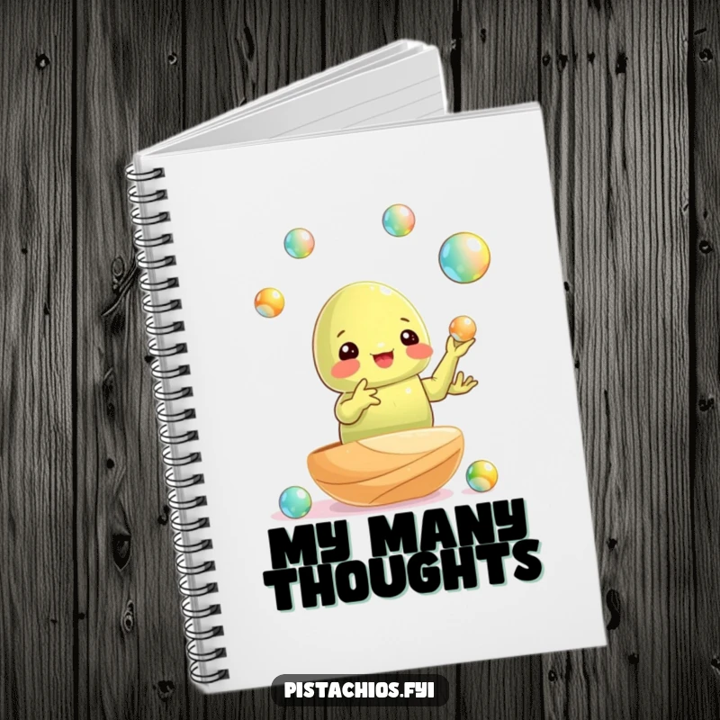 Funny notebook cover: a pistachio nut juggling shiny marbles, inspiring focus and clever ideas.