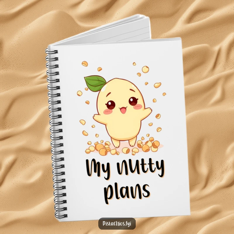 Funny notebook cover showing a pistachio character throwing confetti shaped like small nuts, inspiring celebratory entries.
