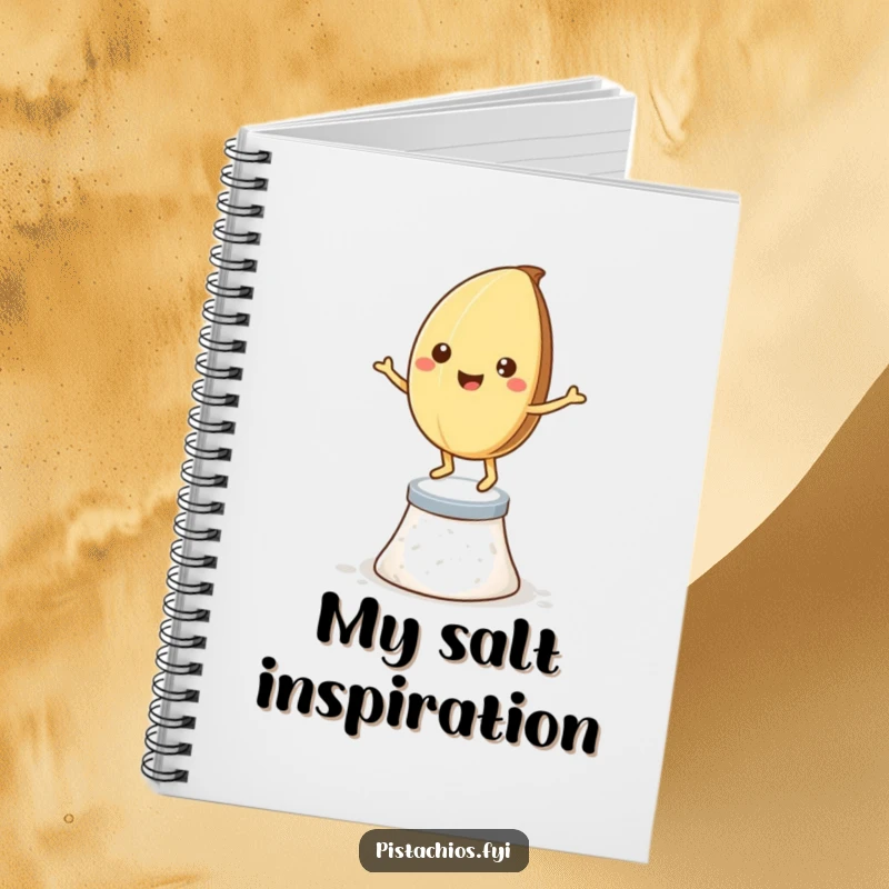 Funny notebook cover: a smiling pistachio nut dancing on salt crystals, inspiring creativity and joy.