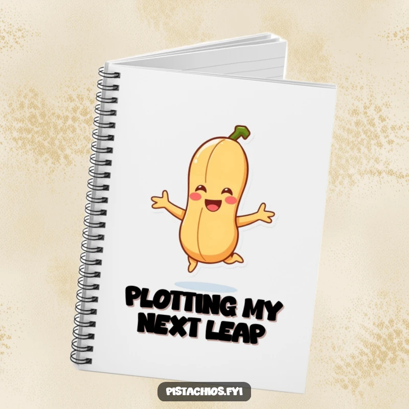 Funny smiling peanut character doing a joyful jump in a notebook, perfect for jotting down ideas with energetic humor.