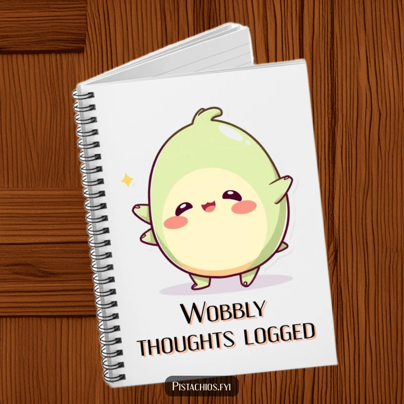 Funny notebook with a wobbly pistachio character in a playful wobble, ideal for jotting down notes with a whimsical spirit.