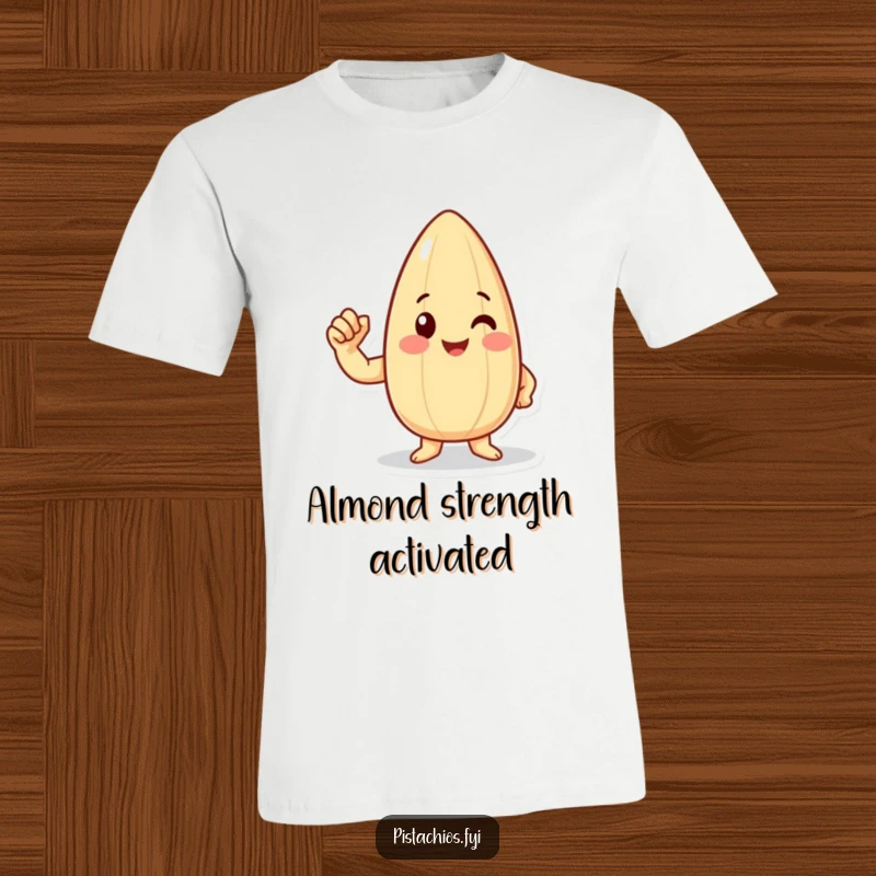 Funny happy almond character flexing its tiny bicep proudly, designed for strong and humorous apparel.