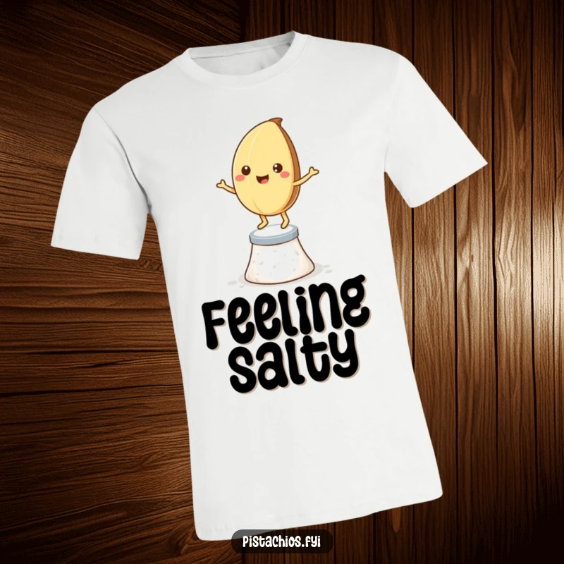 Funny t-shirt: a smiling pistachio nut energetically dancing atop a tiny pedestal of salt crystals with glee.
