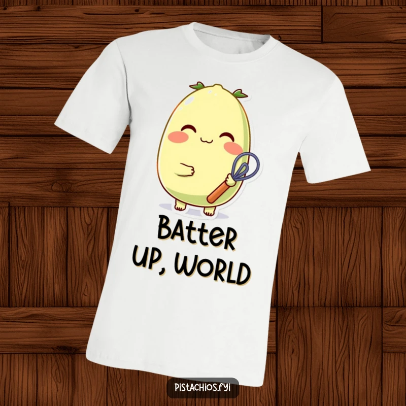 Funny, cheerful pistachio character with rosy cheeks holding a small whisk, printed on a soft t-shirt for bakers.