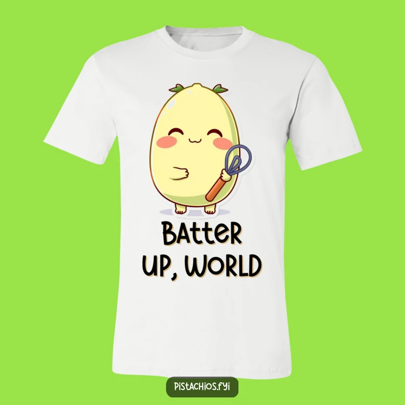 Funny Cheerful Pistachio Baker T-Shirt: Sweet Rosy-Cheeked Character with Whisk - Funny Gift Idea!