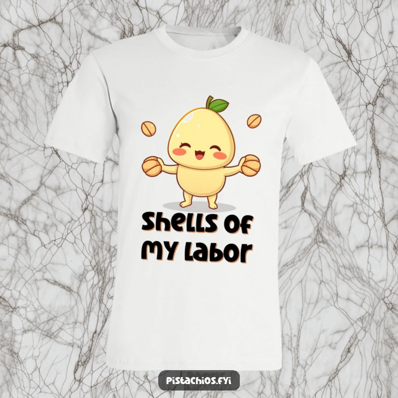Funny T-Shirt featuring a happy pistachio character juggling shells with ease. This apparel is perfect for showcasing a fun, skillful, and humorous personality.