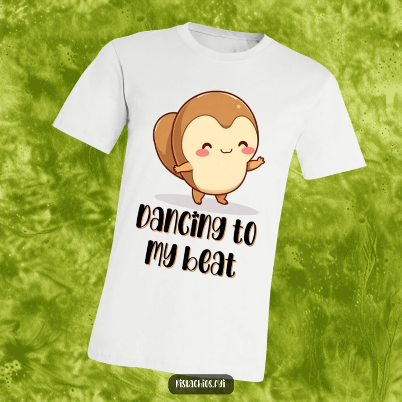 Funny hazelnut character doing a lively dance on a smooth floor, captured on a vibrant t-shirt.