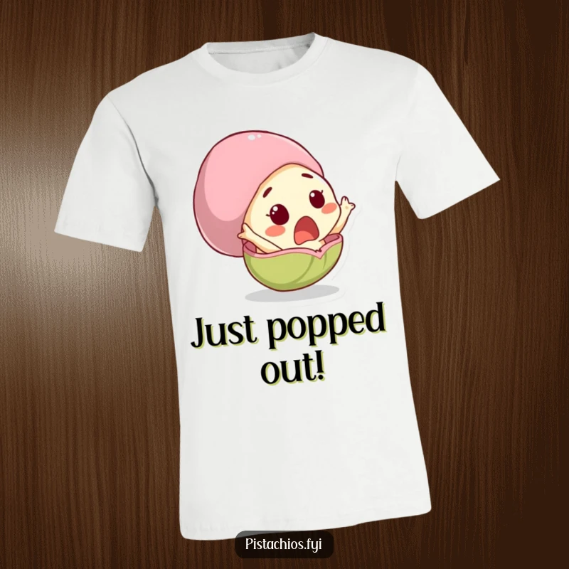 Funny T-shirt with a surprised pistachio character comically bursting out of its shell, creating a humorous and eye-catching design.