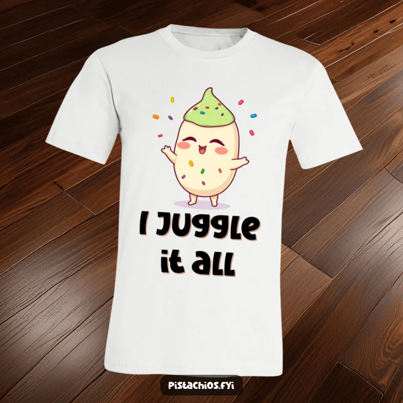 Funny pistachio t-shirt featuring a winking character skillfully juggling vibrant sprinkles. A humorous and eye-catching gift.