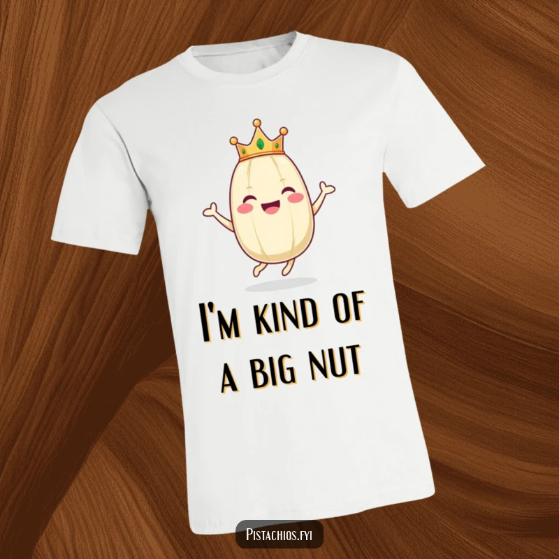 Funny t-shirt depicts a delighted pistachio character wearing a small crown, mid-hop, radiating pure, unadulterated joy.