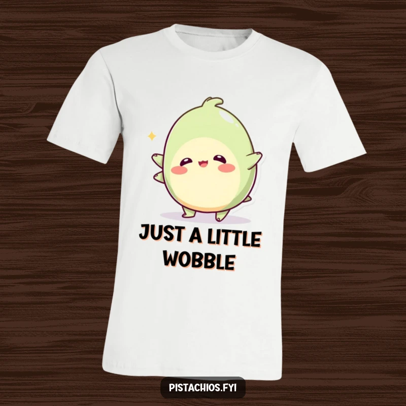 Funny t-shirt with a wobbly pistachio character in a playful, endearing wobble, capturing carefree fun and humorous movement.