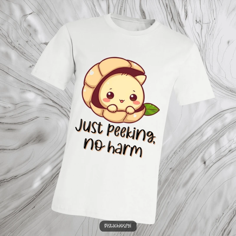 Funny t-shirt featuring a pistachio character curiously peeking from its shell, ready to explore and amuse.