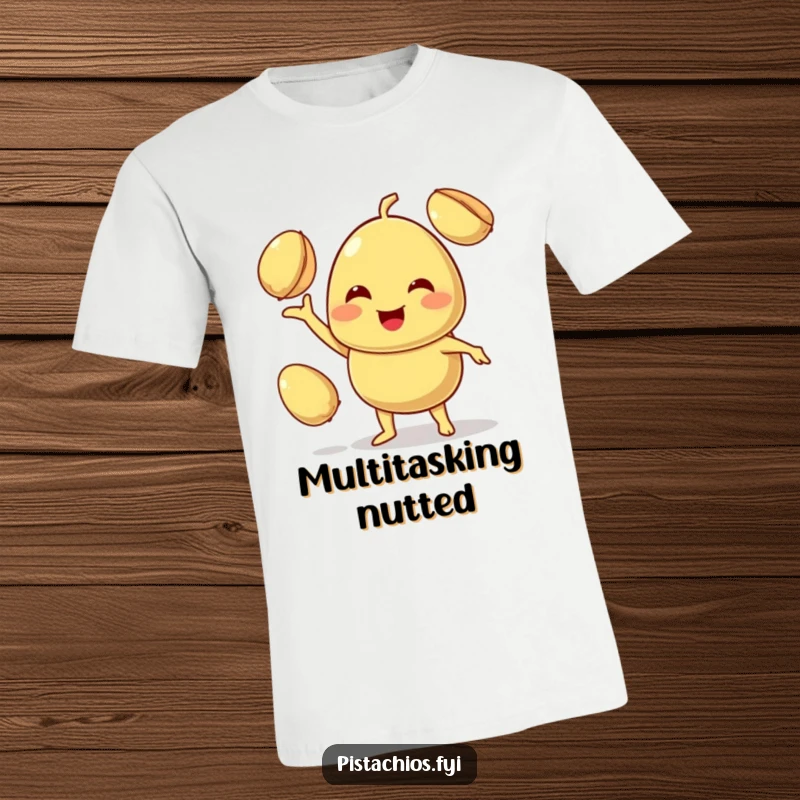 Funny t-shirt depicts a smiling pistachio character expertly juggling two smaller pistachios with impressive concentration.