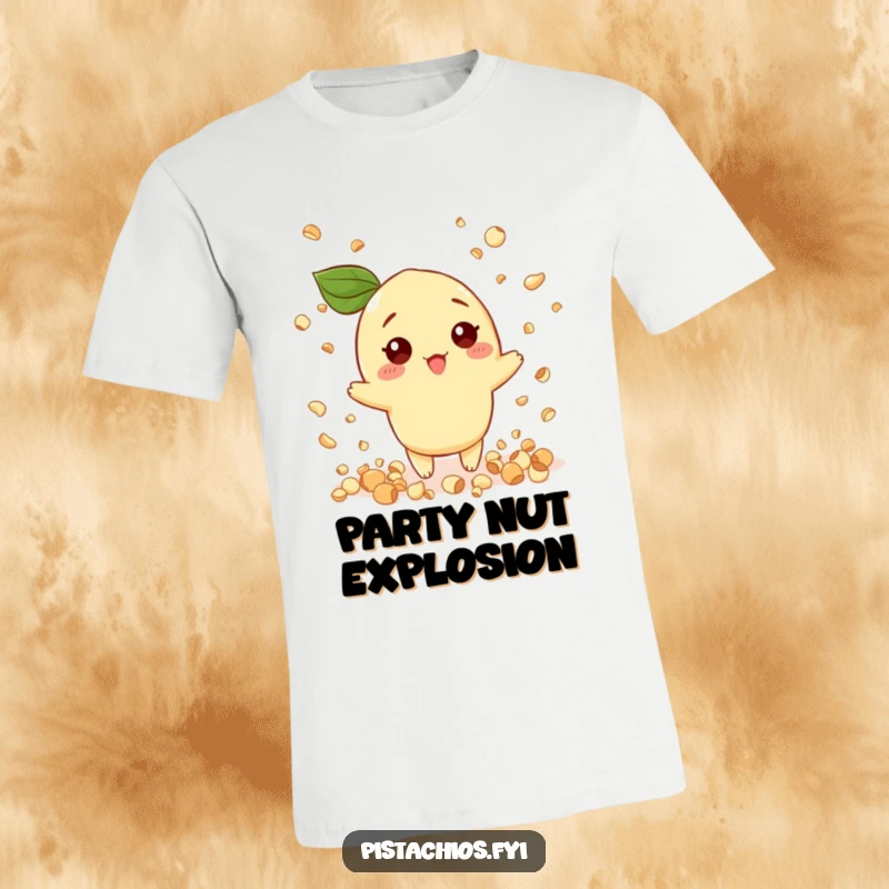 Funny t-shirt print of a pistachio character enthusiastically throwing confetti shaped like tiny nuts, embodying pure celebration.