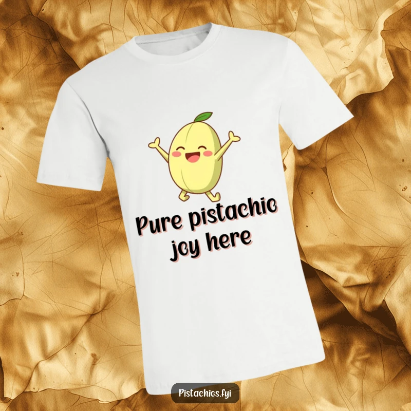 Funny t-shirt showcasing a vibrant, joyful pistachio character in a dynamic leaping pose, radiating fun and excitement.