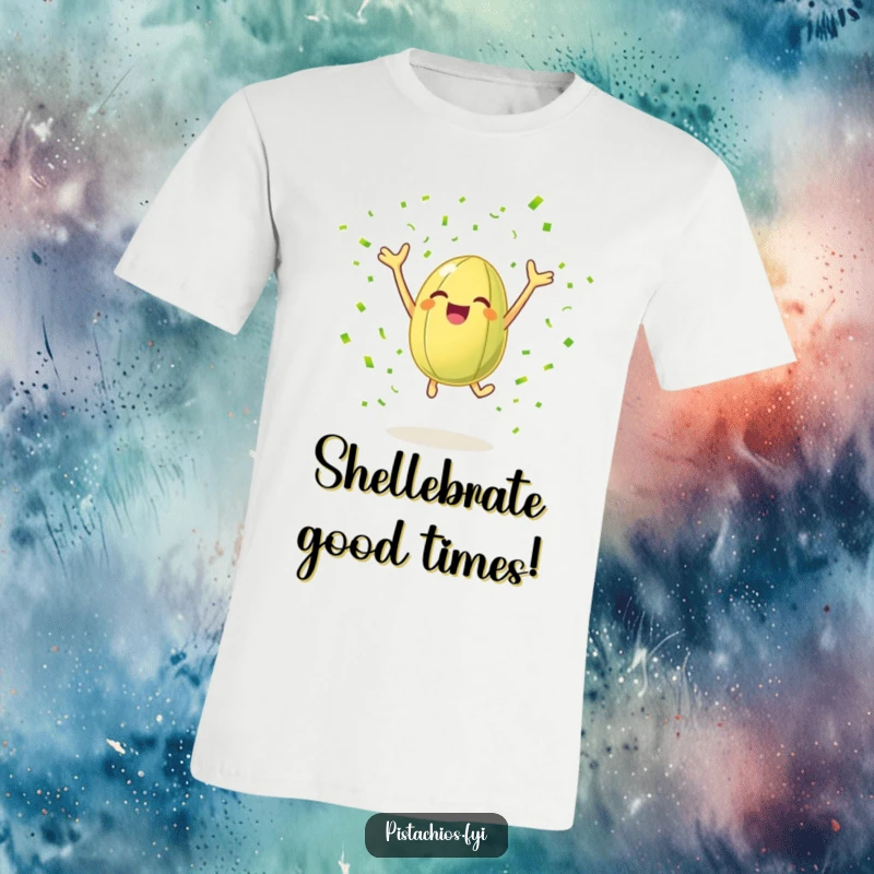 Funny t-shirt featuring a cheerful pistachio nut leaping with joy amidst a shower of green confetti, showcasing humorous celebration.