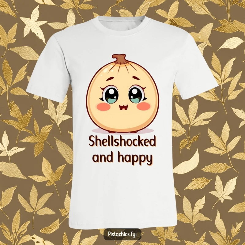 Funny T-Shirt of a surprised nut character with wide, happy eyes and a slight blush, radiating pure delight.