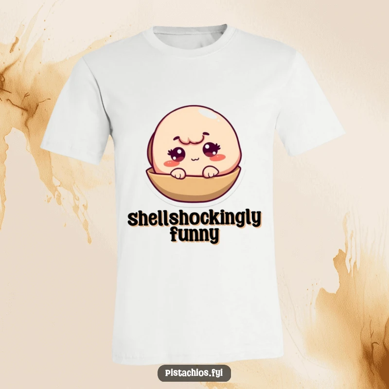 Funny Pistachio T-Shirt with a mischievous character winking from inside its shell, ideal for adding humor.
