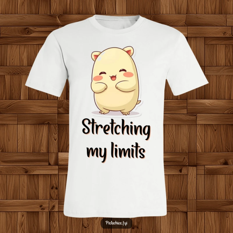 Funny t-shirt with a chubby pistachio character in a comical, silly stretch, embodying playful relaxation and gentle humor.