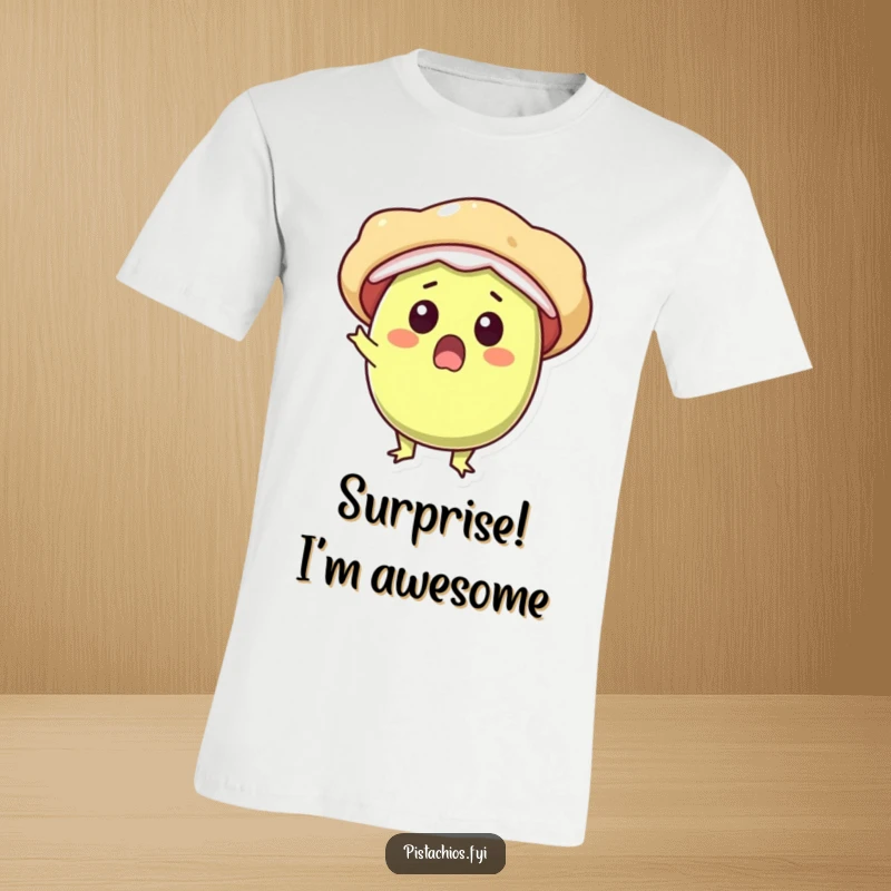 Funny t-shirt depicts a surprised pistachio character in the exciting moment of popping open with sheer delight.