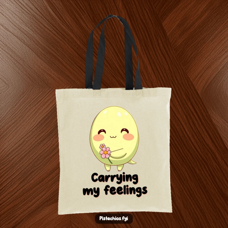 Funny tote bag showcasing a shy pistachio character blushing while holding a tiny flower, perfect for carrying humor discreetly.