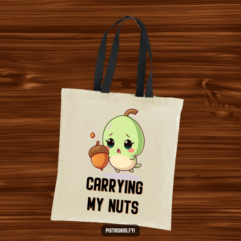 Funny tote bag with a surprised pistachio character comically evading a falling acorn, showcasing its frantic yet funny evasion.