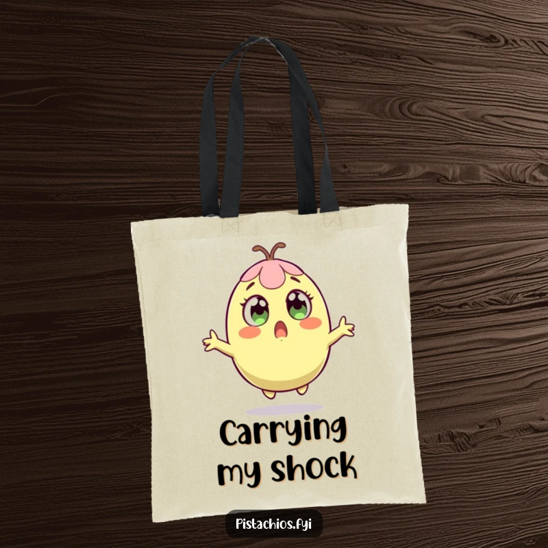 Funny tote bag with a pistachio character leaping in surprise, perfect for carrying items with a humorous twist.