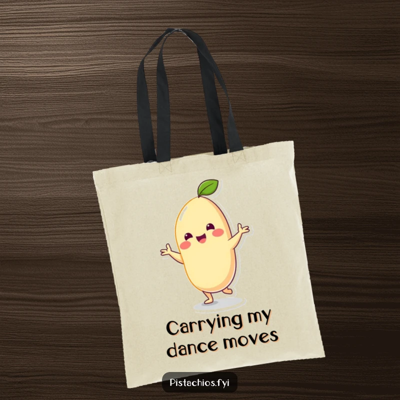 Funny Tote Bag: Cheerful cashew character energetically performing a silly dance, perfect for carrying groceries with a dose of nutty humor.