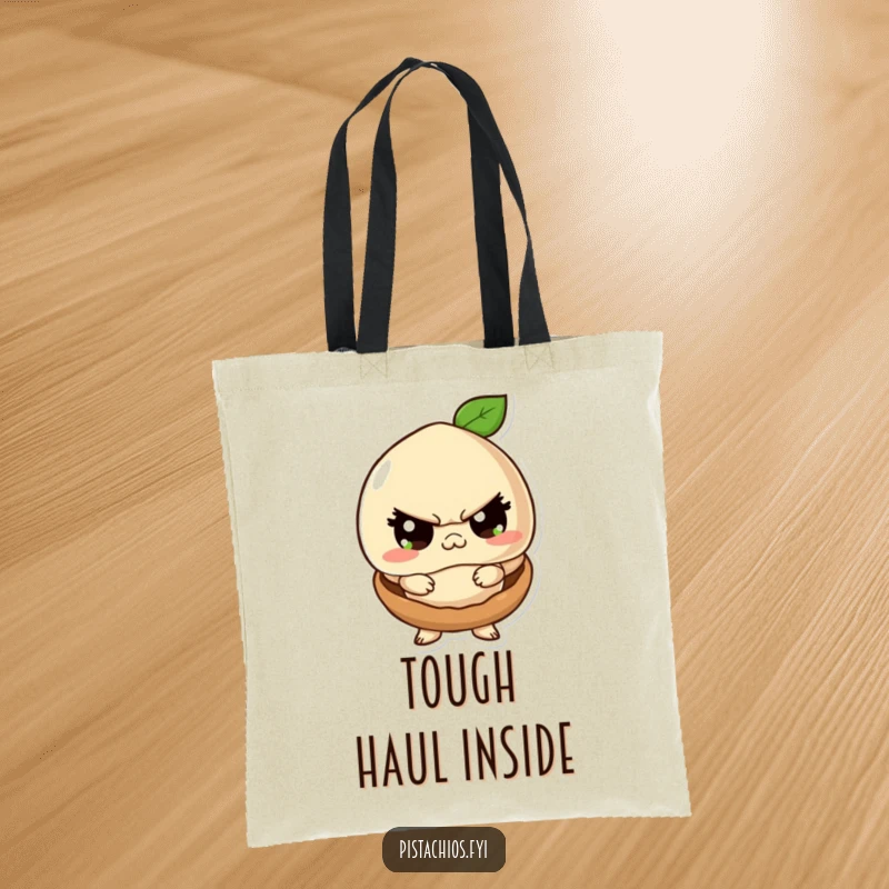 Funny tote bag featuring a macadamia nut character looking tough inside its small shell, ideal for carrying daily items with nutty humor.