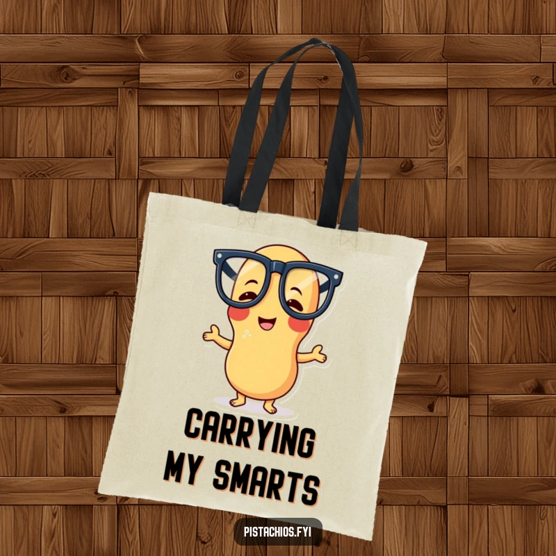 Funny tote bag featuring a giggling peanut character with big glasses in a funny pose, ideal for carrying groceries or daily items.
