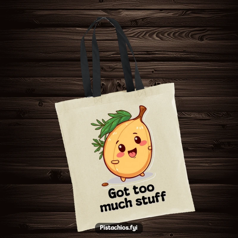 Funny tote bag displaying a mischievous pine nut character playfully rolling away, ideal for carrying daily items.