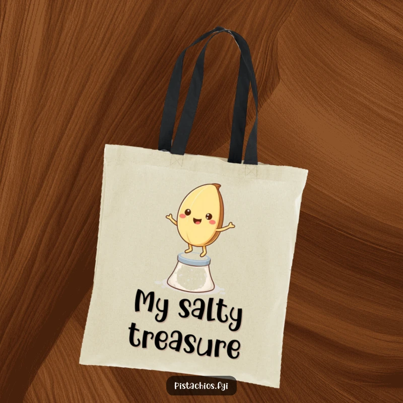 Funny tote bag: a smiling pistachio nut dancing on salt crystals, perfect for carrying snacks and smiles.