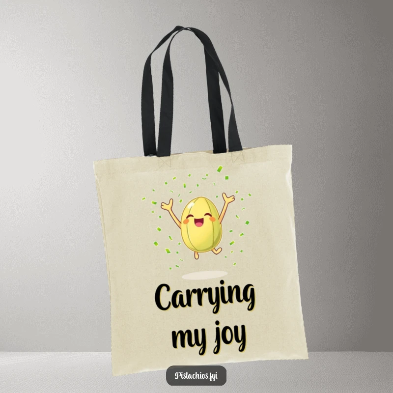 Funny tote bag illustrating a cheerful pistachio nut leaping with joy surrounded by green confetti, showcasing humorous celebration.