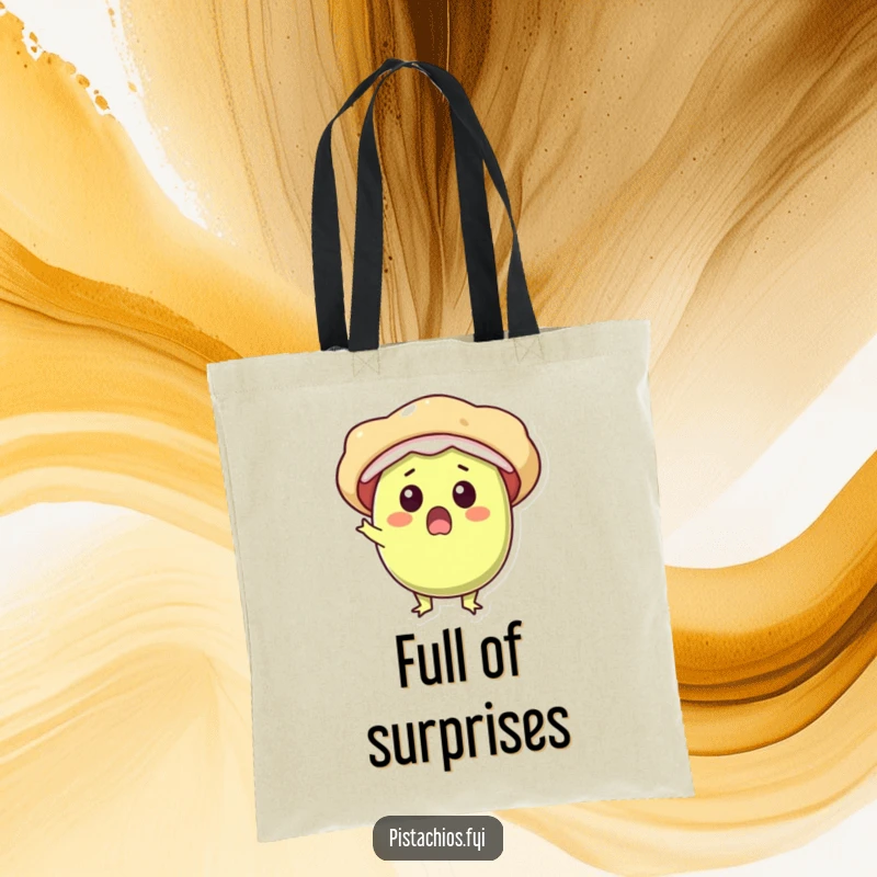 Funny tote bag displays a surprised pistachio character bursting open with pure delight and a happy expression.