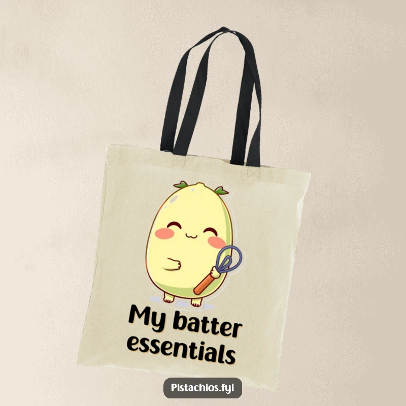 Funny, cheerful pistachio character with rosy cheeks and a small whisk on an eco-friendly tote bag, great for shopping.
