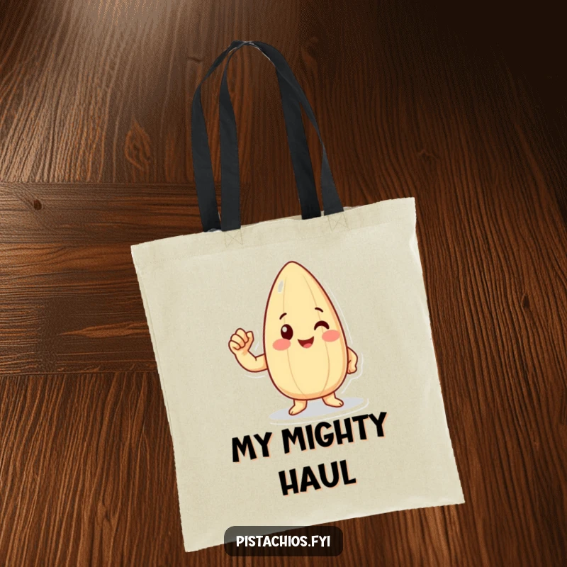 Funny happy almond character flexing a tiny bicep on a tote bag, showcasing nutty strength and fitness humor.