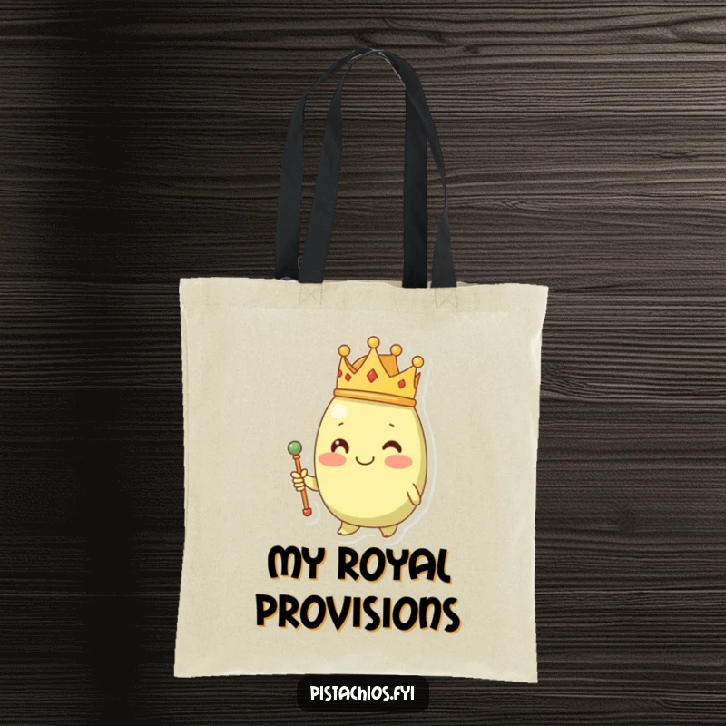 Funny pistachio character in a crown and scepter, perfect for carrying essentials on a durable tote bag.