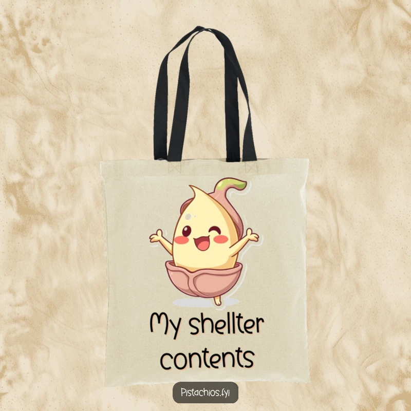 Funny jubilant pistachio nut character bursting from its shell on a tote bag, showcasing explosive humor and snack-themed fun.