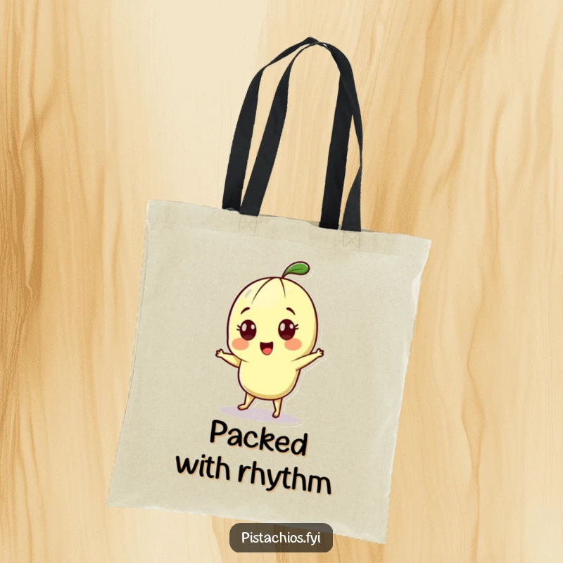 Funny tote bag displays a cheerful pistachio character with wide eyes, enthusiastically engaged in a fun little dance.