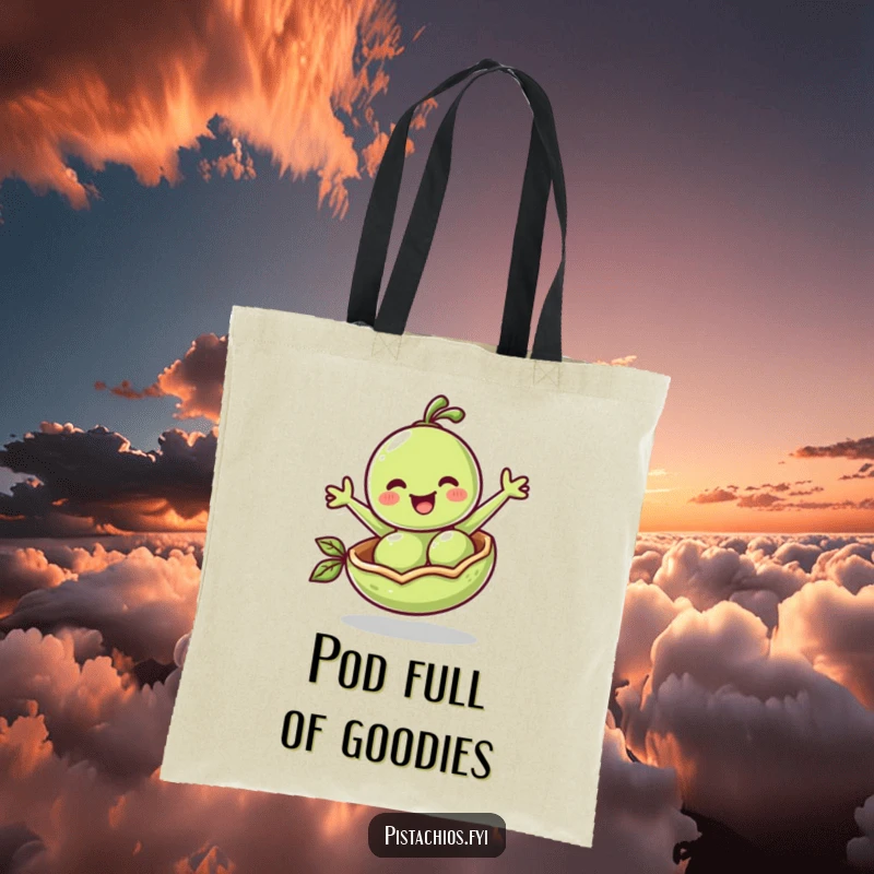 Funny Tote Bag: A cheerful pea bounces in its pod, a lively and humorous design for everyday use.