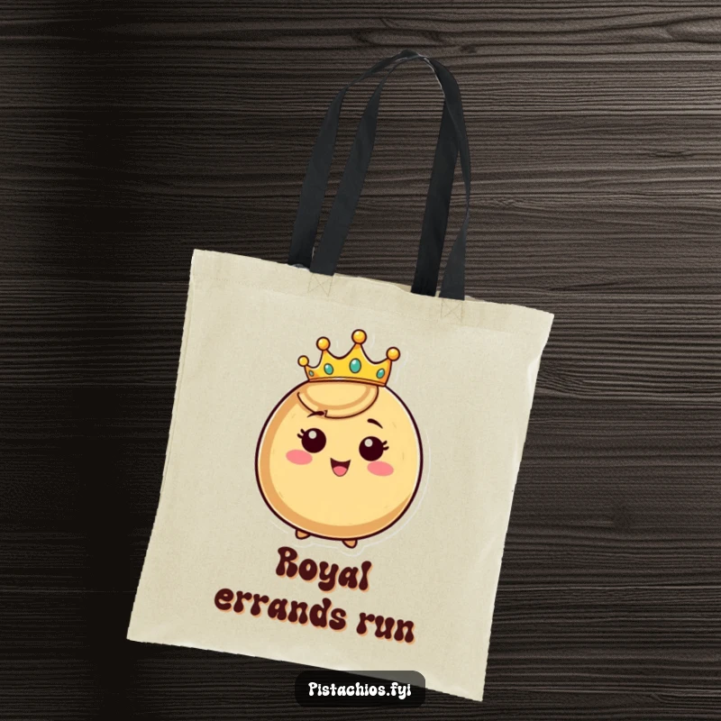 Funny crowned nut tote bag, a happy nut character wearing a tiny crown and beaming, practical and humorous for daily use.