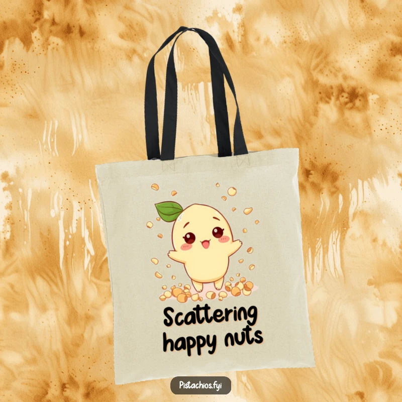 Funny tote bag with a pistachio character joyfully throwing confetti shaped like tiny nuts, embodying a festive party scene.
